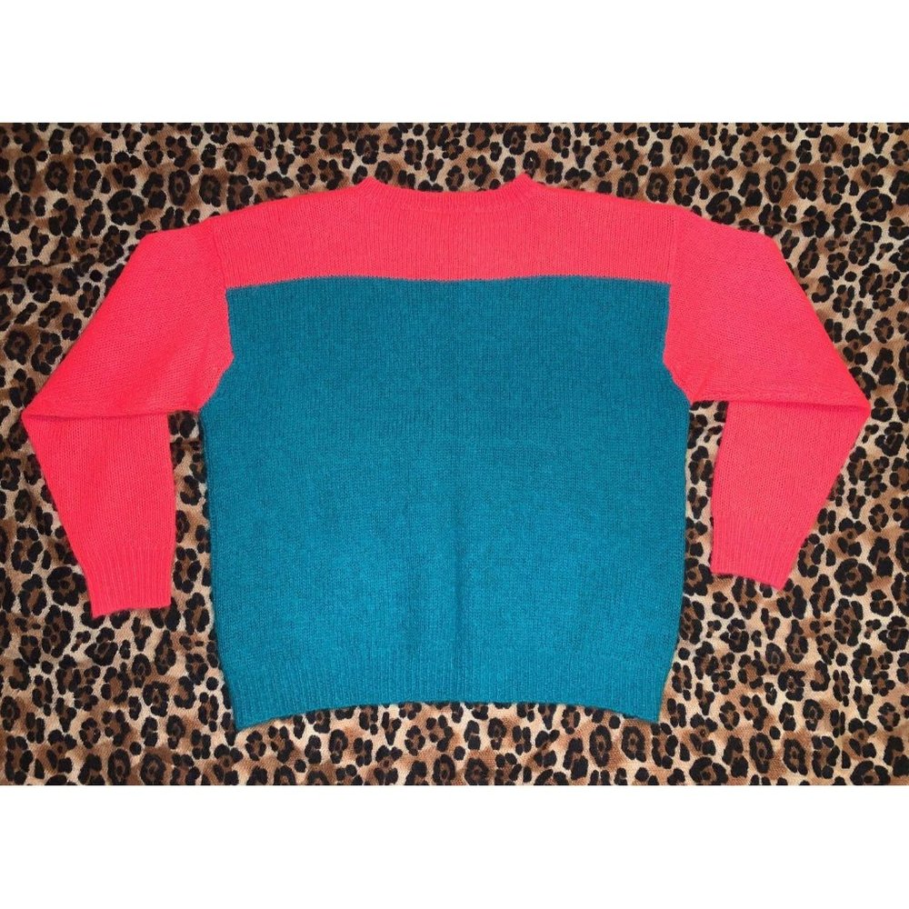 VINTAGE 1980s STEPHEN SPROUSE COLOR BLOCK RED BLUE MOHAIR SWEATER ~ LARGE - Picture 8 of 9